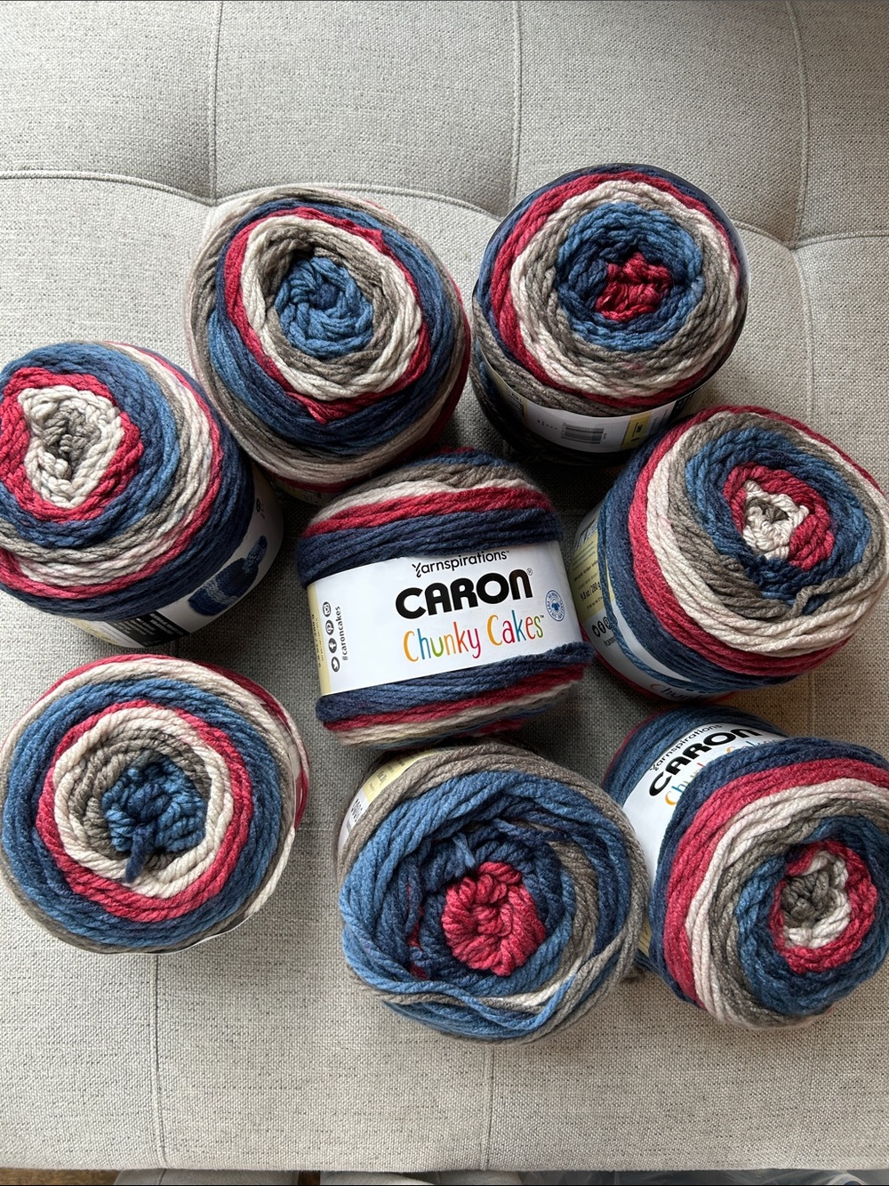 Caron Chunky Cakes Variegated yarn - Blue, Red, Cream